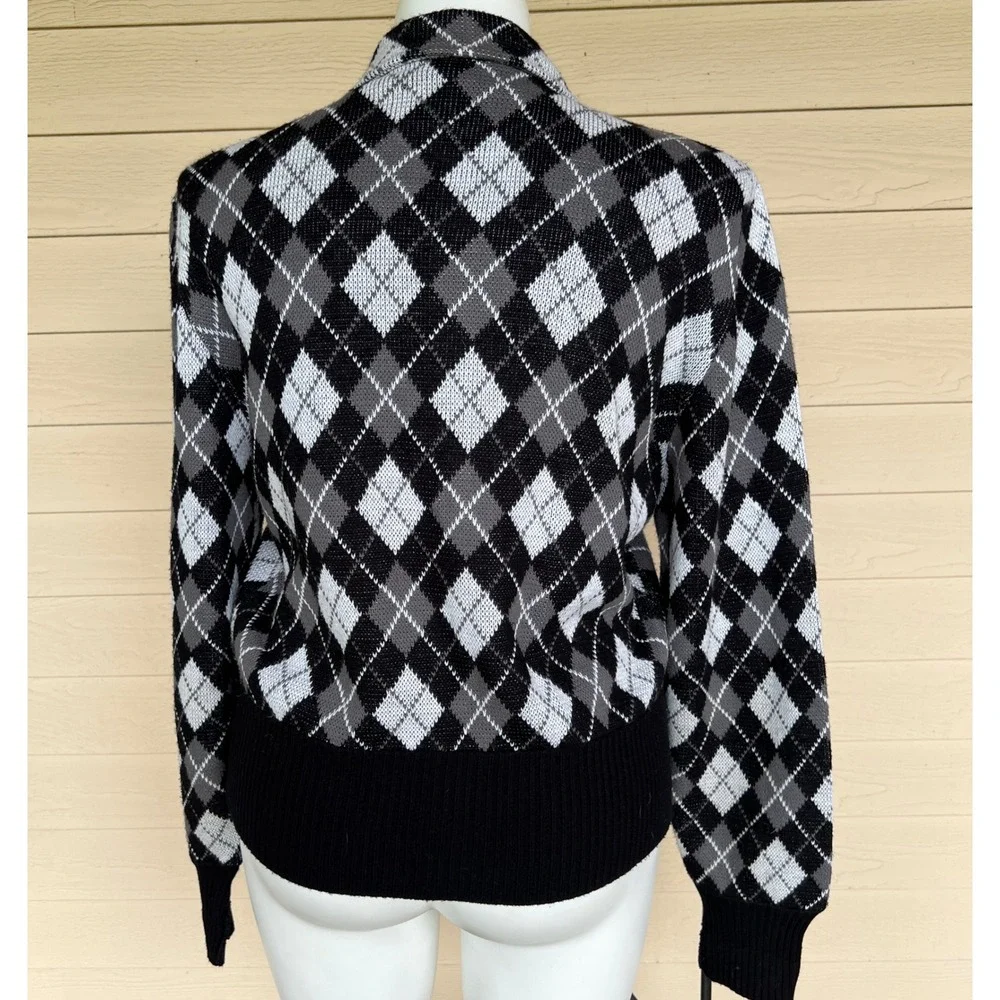 Vintage Don Loper Argyle Cardigan Dagger Collar Black White Gray